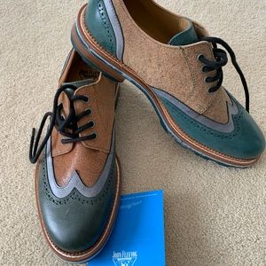 John Fluevog Shoes  Guardian Angel Brogue, Nathaniel, green/tan men’s size 9.5
